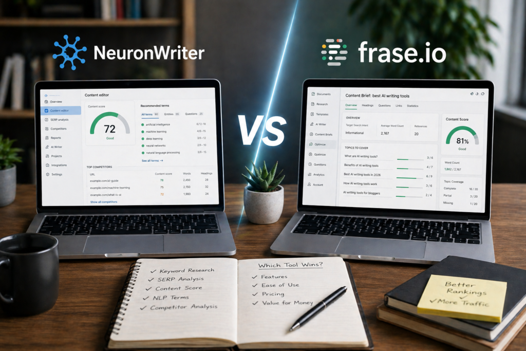 NeuronWriter vs Frase.io comparison for bloggers 2026
