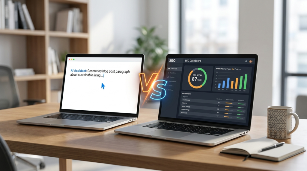 Rytr vs NeuronWriter 2026: AI writing tool and SEO optimizer compared on two laptops