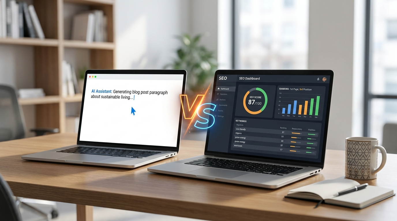 Rytr vs NeuronWriter 2026: AI writing tool and SEO optimizer compared on two laptops