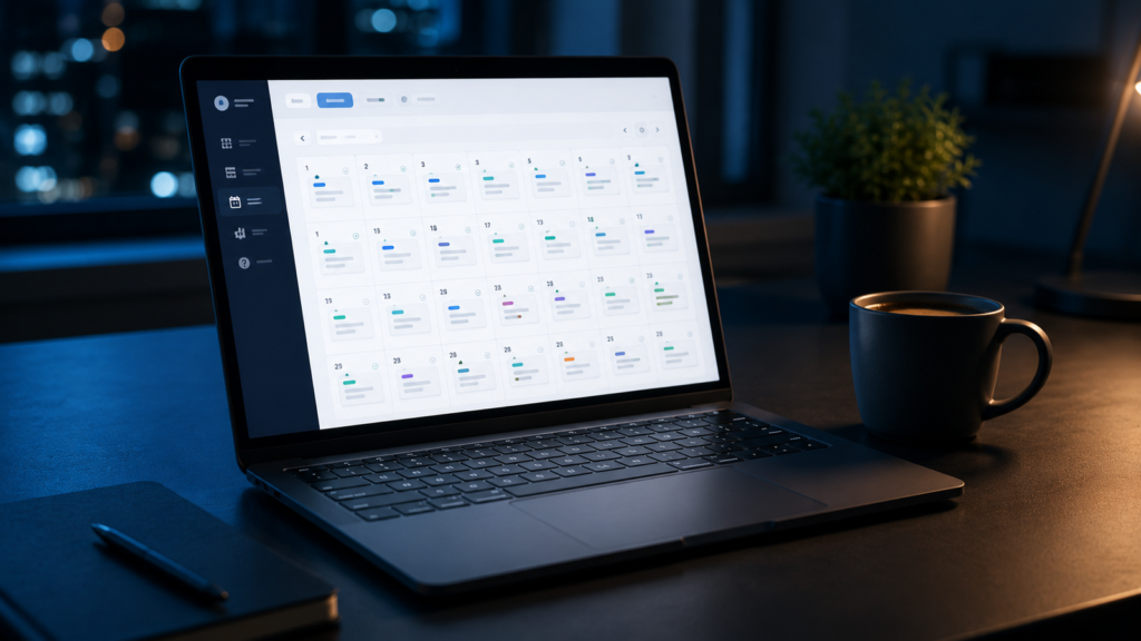 Wisewand Autopilot 2026 — automated 30-day content schedule on a laptop