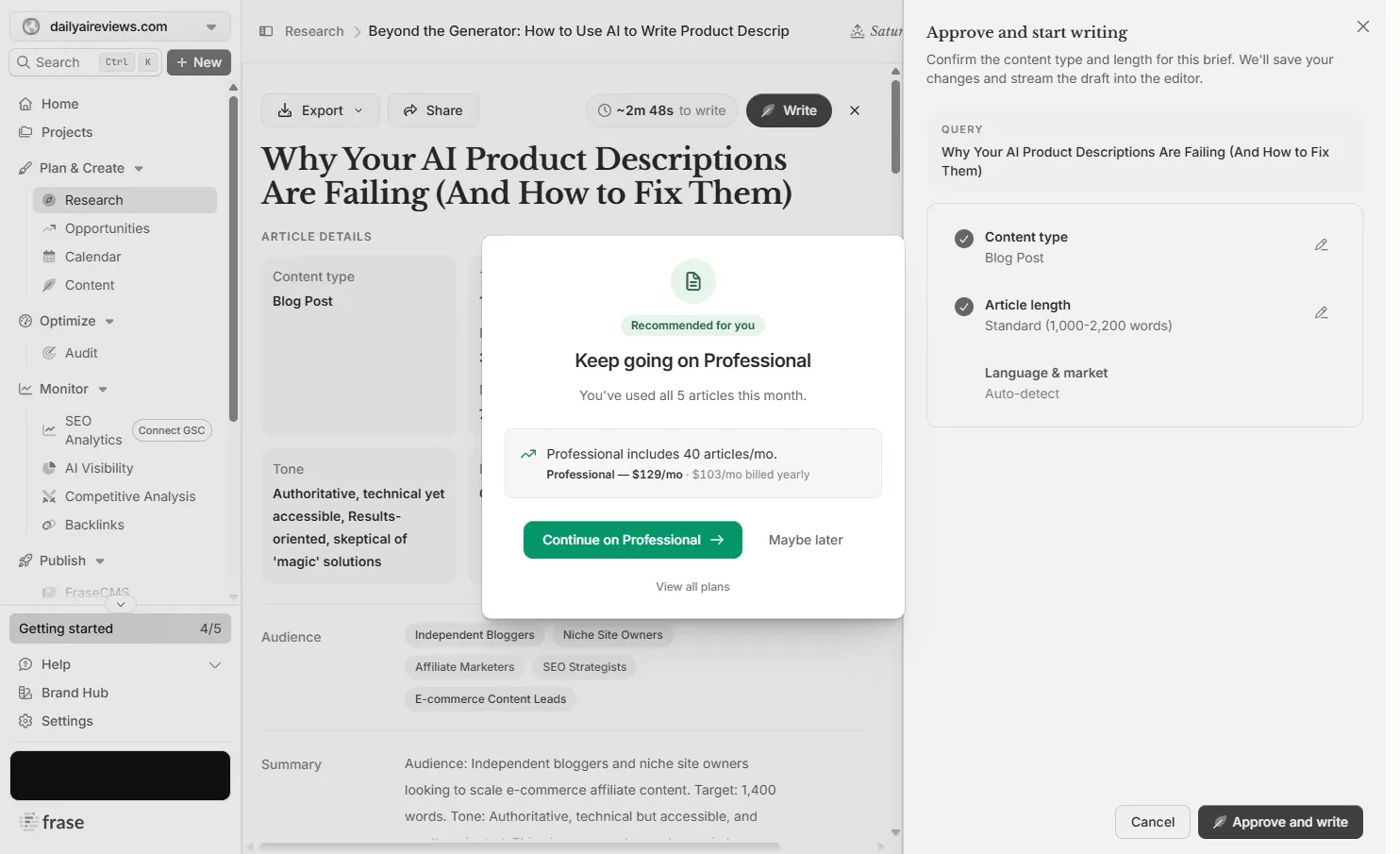 Frase blocking article generation after the five-article trial cap with an upgrade prompt